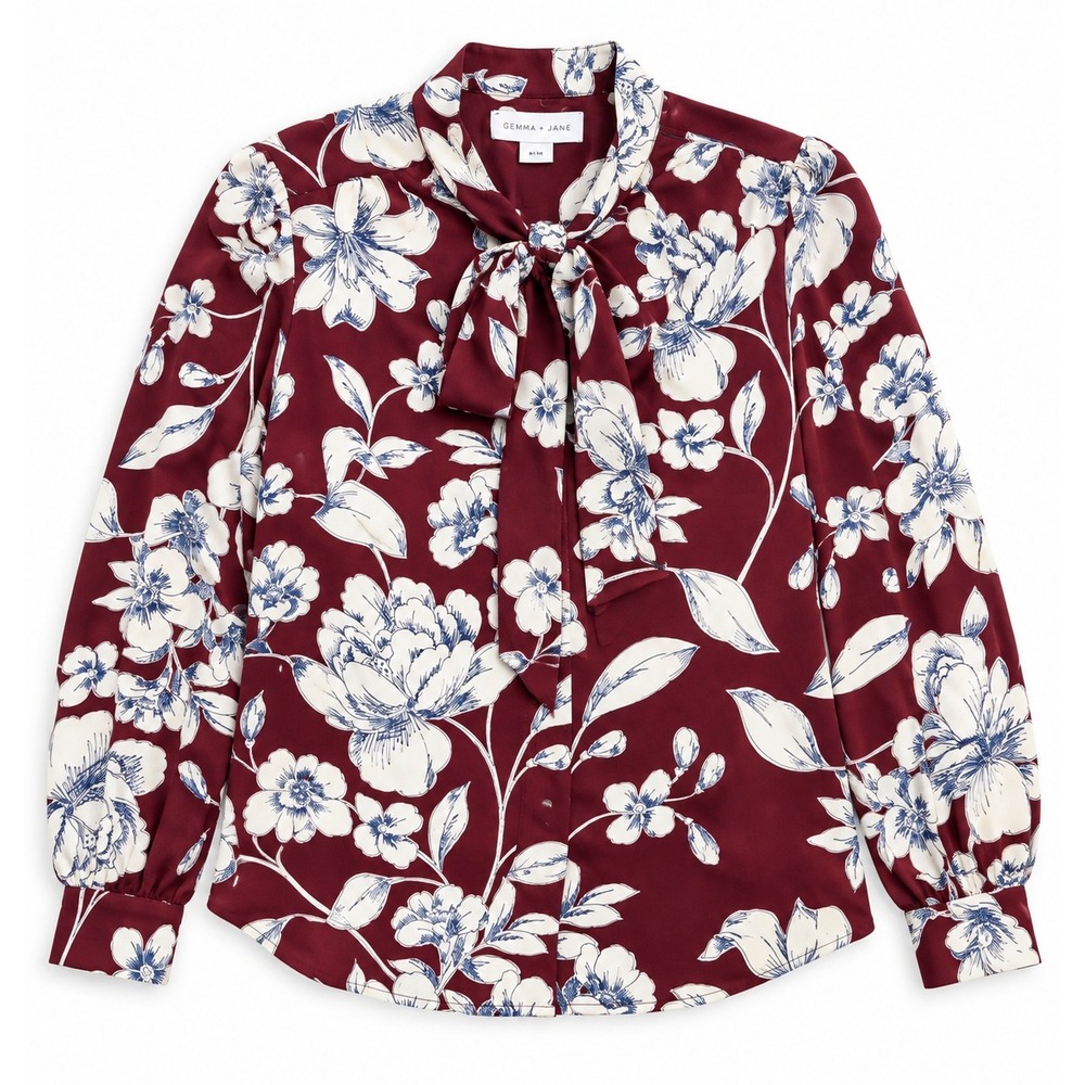 Gemma + Jane Floral Tie Neck Blouse Burgundy Long Sleeve Size Medium